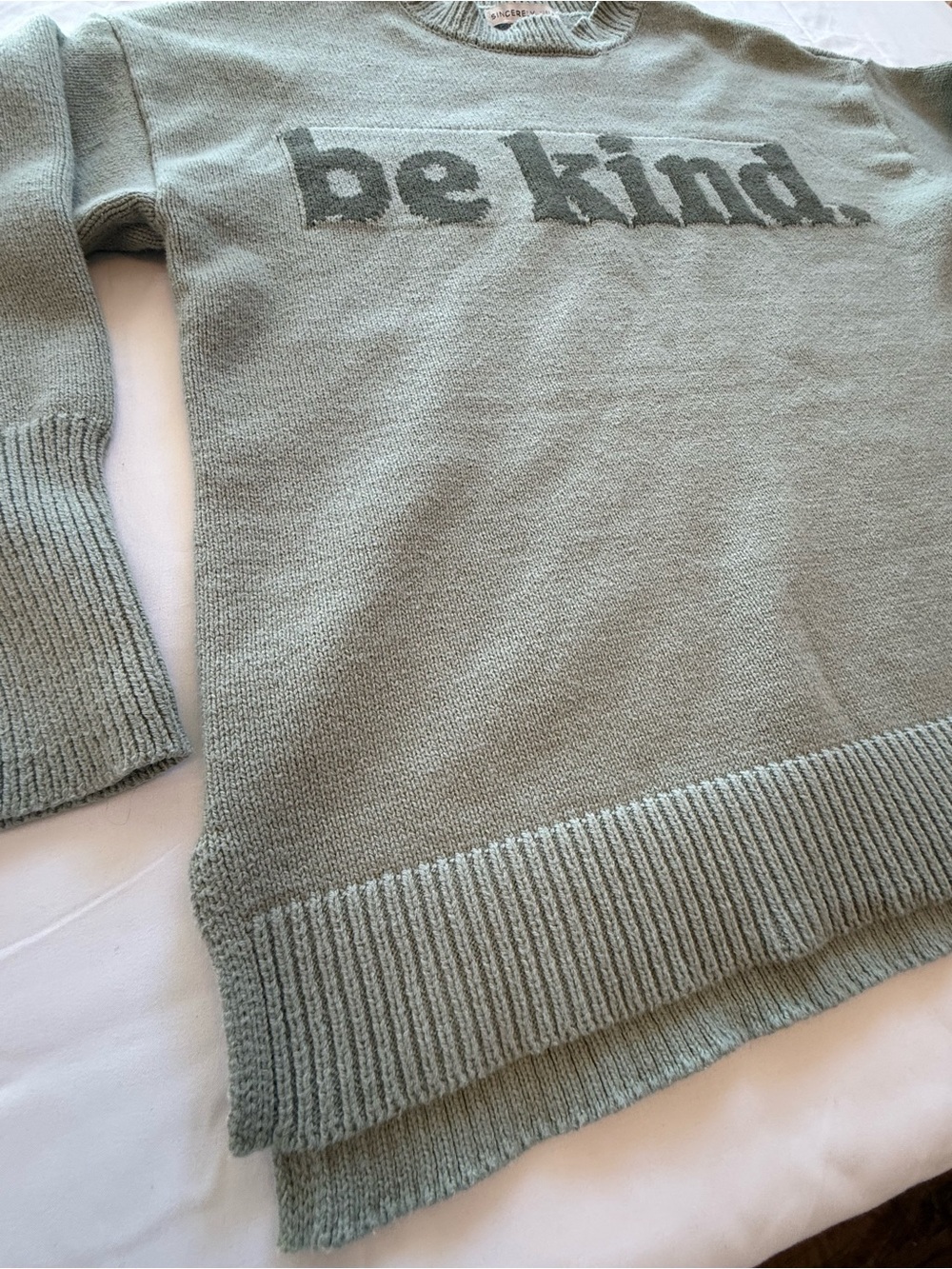 Sincerely Jules Be Kind Sweater XS Sage Green Graphic Knit Pullover - Picture 3 of 8